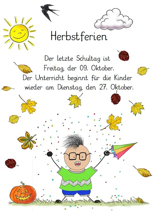 bunte Blätter neben einem Text, darunter eine gezeichnete Figur