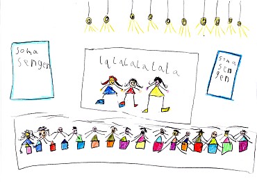 Kinderzeichnung von einer Bühne und Stühlen