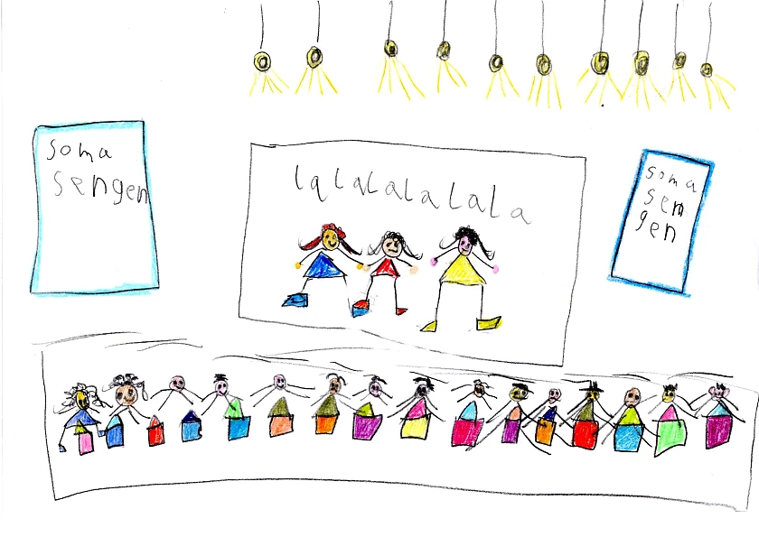 Kinderzeichnung von einer Bühne und Stühlen