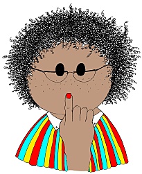 farbiges Kind als Strichfigur mit dem Zeigefinger an den Lippen