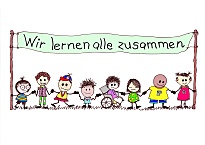 Bunt angezogene Kinder stehen in einer Reihe und halten sich an den Händen. Die beiden äußeren Kinder halten einen langen Stab, an dem ein Banner mit der Aufschrift befestigt ist: "Wir lernen alle zusammen."